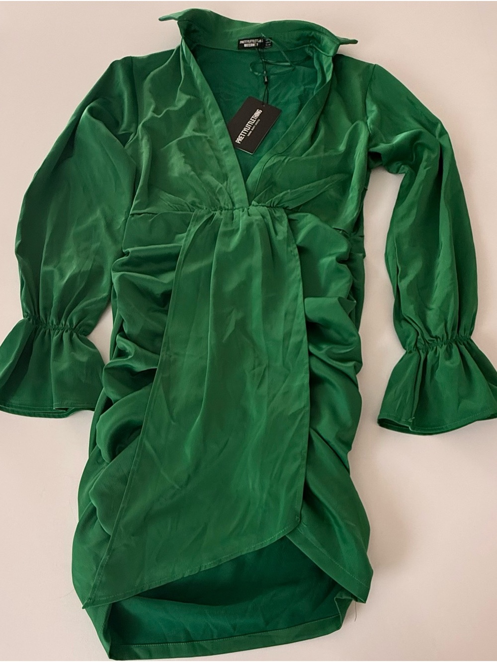 PrettyLittleThing Maternity Satin Drape Emerald Green Wrap Ruched Mini Dress